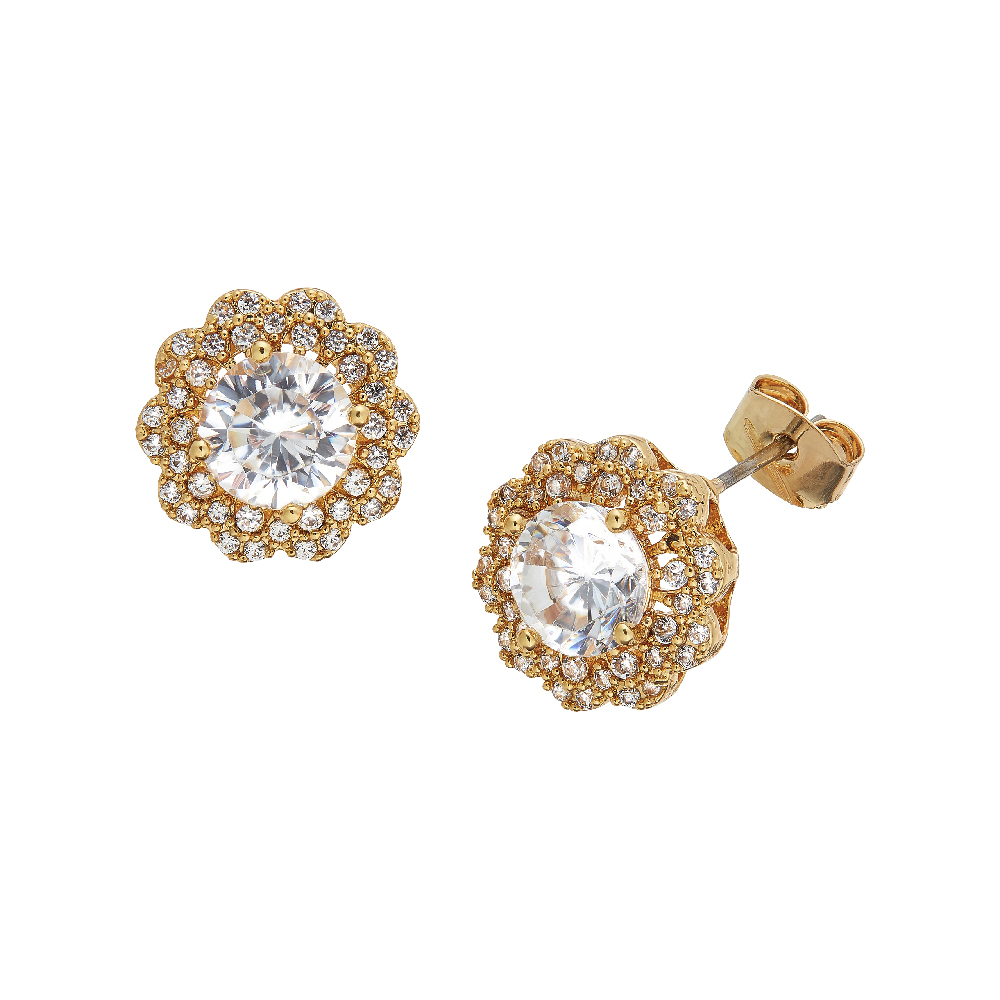 18K Gold Plated Cubic Zirconia Round Flower Stud Earrings