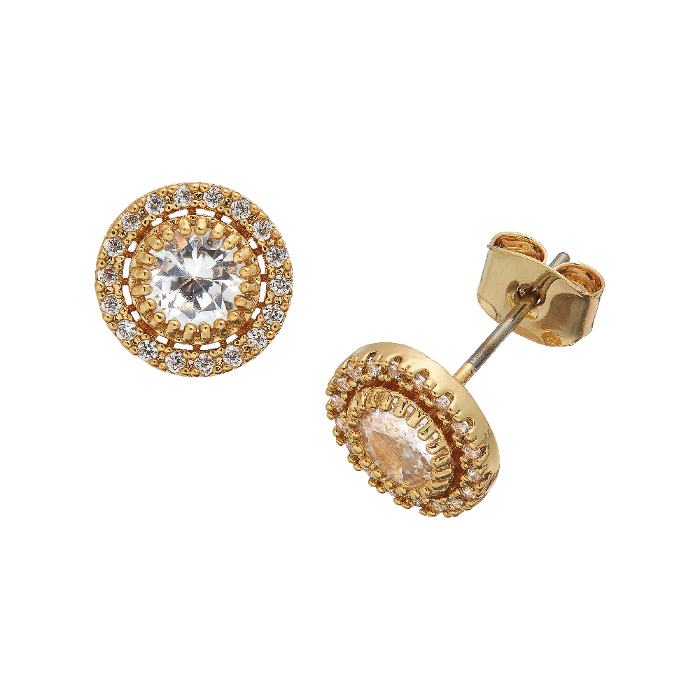 18K Gold Plated Cubic Zirconia Round Button Stud Earrings
