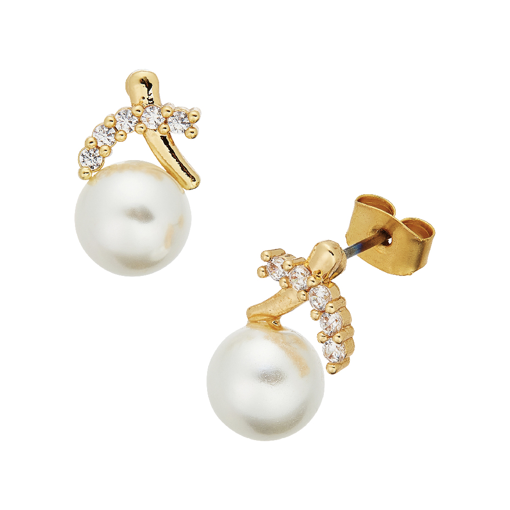 18K Gold Plated Cubic Zirconia Pearl Stud Earrings