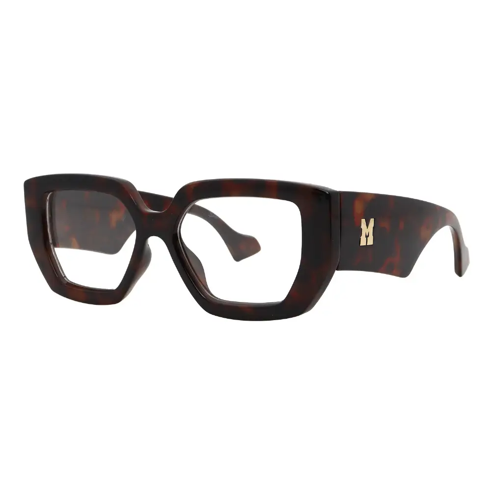 Bold Tortoise Rectangle Frame with Clear Lens & Gold M Logo – Oversized Statement Glasses #43